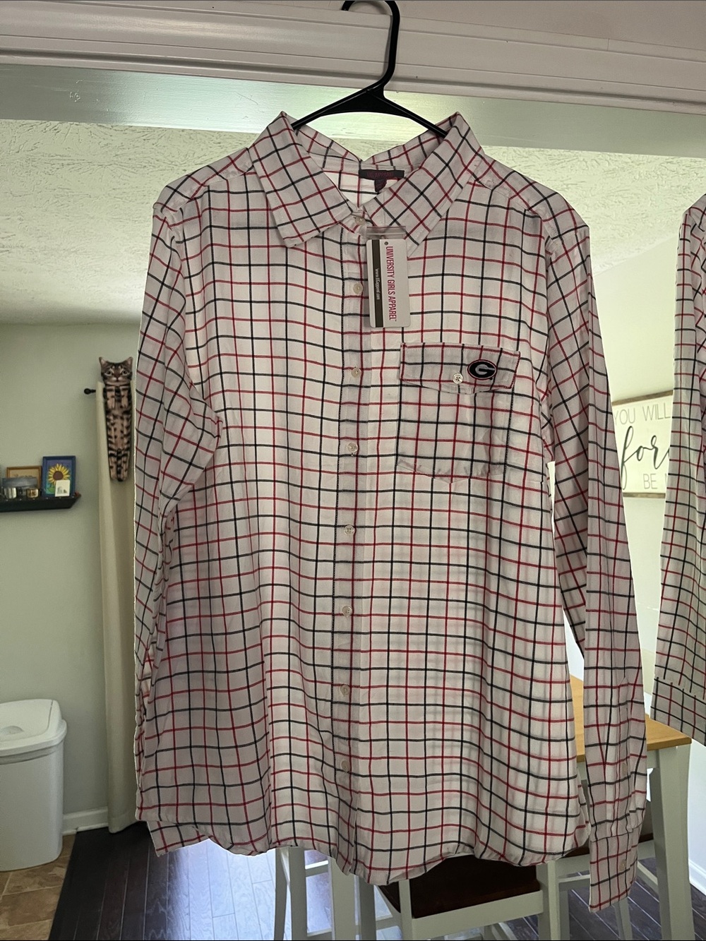 Women’s UGA White Plaid Button-Up Shirt with Red / Black Grid
